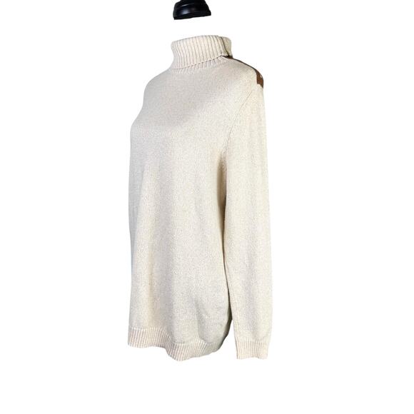 Charter Club Cream & Gold Metallic Knit Zipper Suede Trim Turtleneck Sweater - Picture 7 of 10